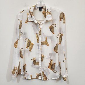 Forever 21 sheer cheetah cat print throughout long sleeve button front size S